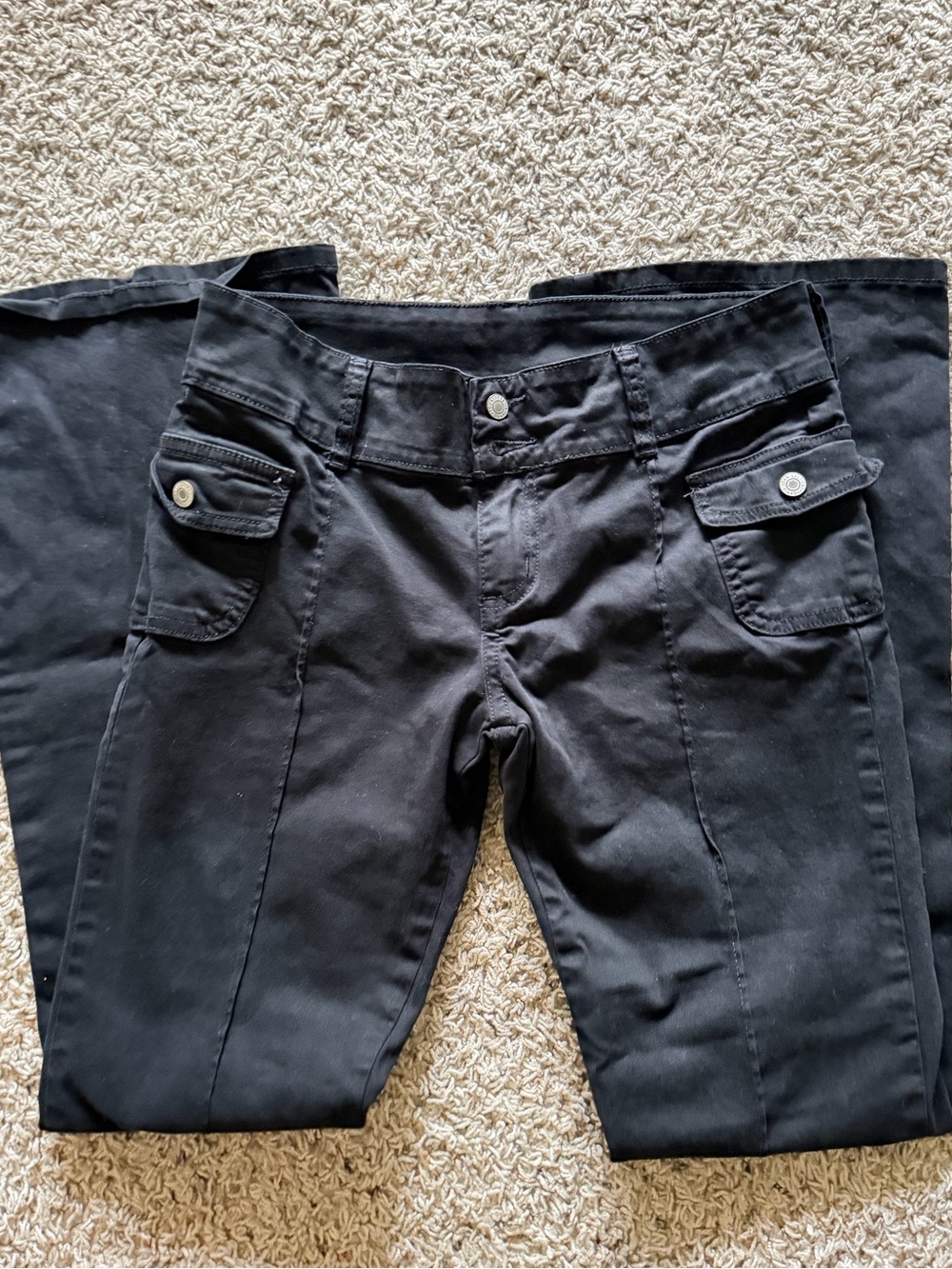 Brandy Melville J. Galt Black Flare Cargo Pants Pintuck Seam Front Utility S